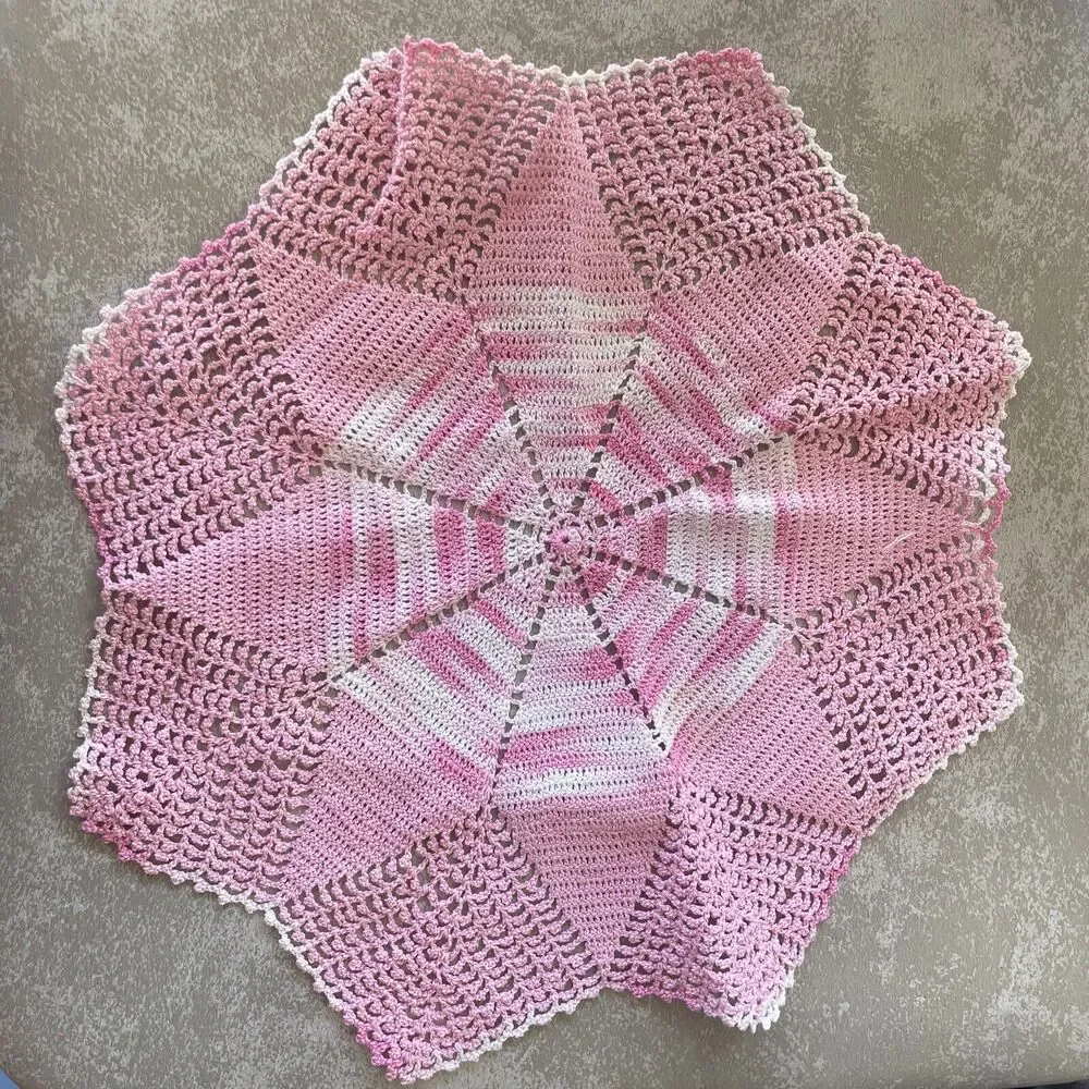 VINTAGE HANDCROCHETED TABLETOPPER/DOILEY Pink And White 12”